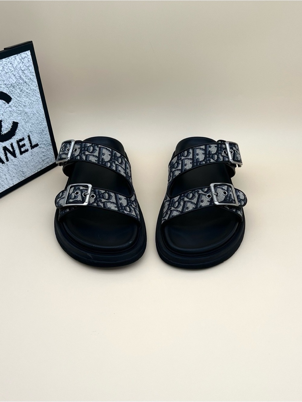 Dior Black and Gray Logo Double-Buckle Slide Sandals